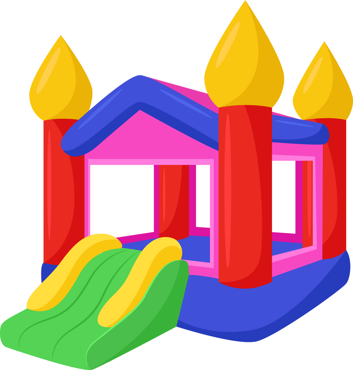 Inflatable caste for kids vector. Drawing of inflated bouncy trampolines with slides. Childhood concept